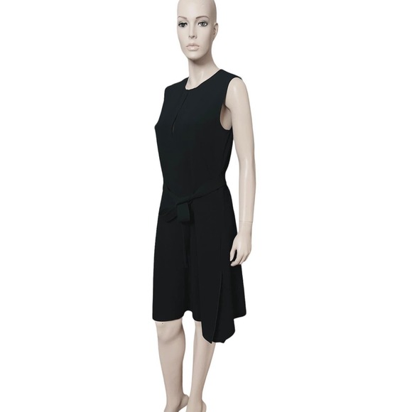 Theory Desza Deep Navy Admiral Crepe Black Asymetrical Hem Belted Dress Sz 6 - Picture 13 of 15